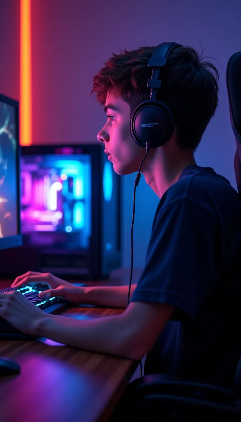 A young man playing video games on a high-end gaming PC, surrounded by vibrant RGB lighting.
