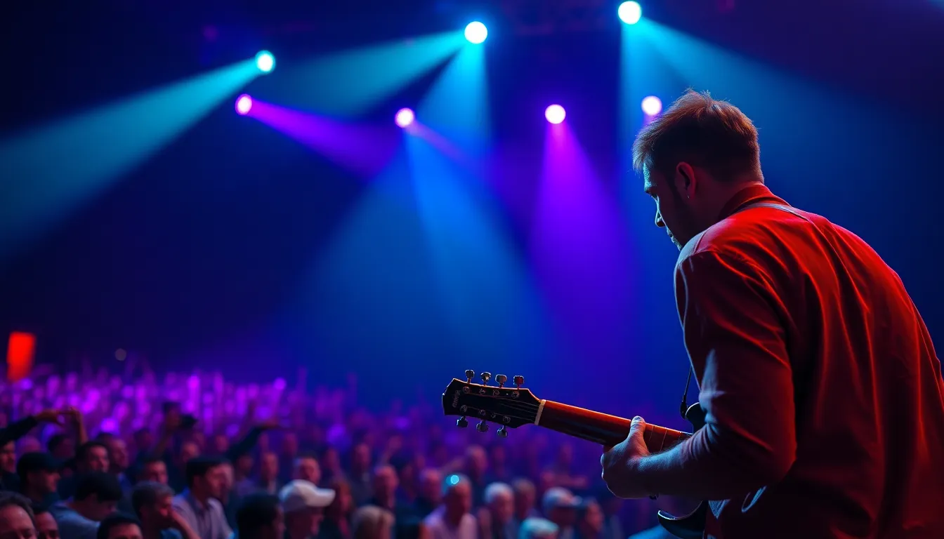 A vibrant concert scene featuring a rock guitarist passionately performing on stage. The vivid stage lighting in hues of purple and blue illuminates the atmosphere, creating a dynamic energy. The audience is blurred in the background, focused on the performer. The color grading enhances the dramatic feel, making it appealing for entertainment media.