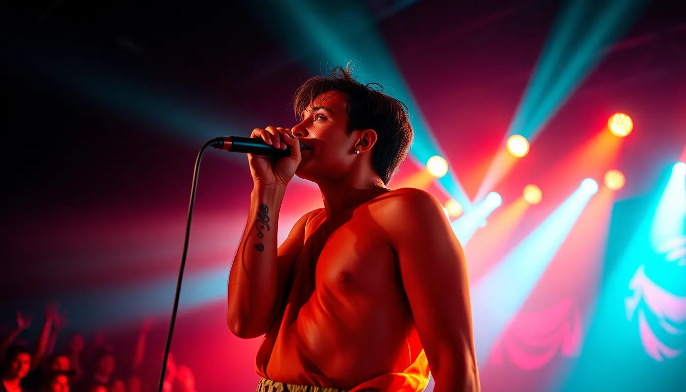 A dynamic image capturing a lead singer during a live concert, illuminated by colorful stage lights in blue and pink. The crowd is blurred, creating an intimate focus on the performer’s passionate expression. The scene is filled with confetti, enhancing the celebratory atmosphere. The shallow depth of field beautifully highlights the subject against an energetic backdrop, inviting viewers into the thrilling world of live music.