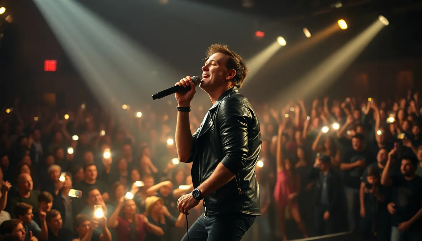 A lively concert scene featuring an artist in mid-performance at a packed venue. The image captures the energy of the crowd as they are drawn towards the stage, illuminated by soft, diffused lighting. The artist, dressed in black leather, displays raw emotion while performing, with natural skin texture highlighted by the warm light. The overall mood is vibrant, reflecting the excitement of live music.