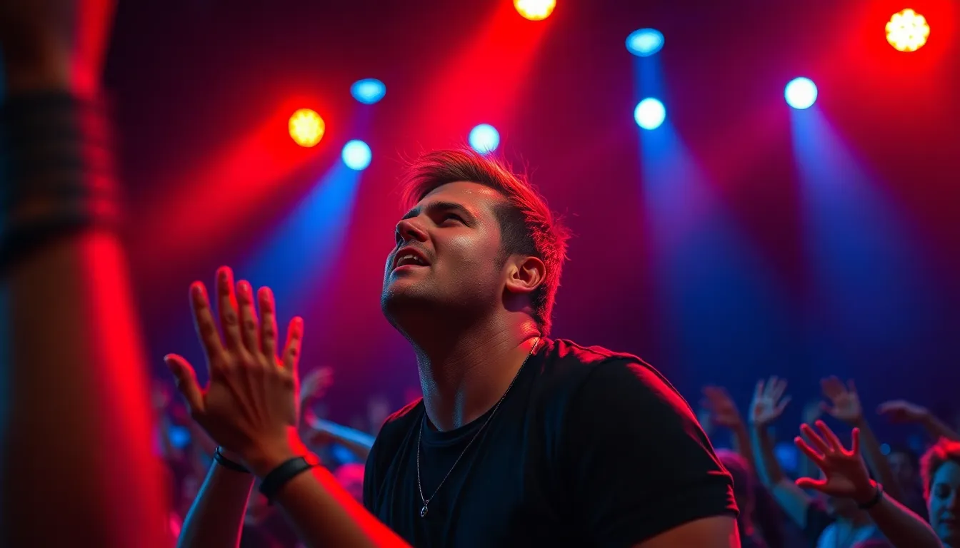 This electrifying image captures the essence of a live rock concert, with the lead singer passionately performing on stage. Vivid stage lights in red and blue create an immersive atmosphere while fans enthusiastically engage, hands raised in excitement. The shallow depth of field perfectly isolates the artist, bringing attention to the vibrant textures and energy of the scene. The dynamic composition and high contrast color palette enhance the thrilling ambiance of the concert experience.