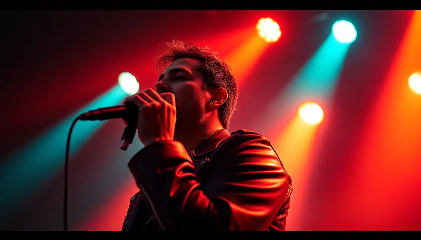 This vibrant image showcases a live concert performance with an enthusiastic lead singer reaching out to the cheering crowd. Dramatic lighting creates an electric atmosphere, while a shallow depth of field adds focus to the musicians. The color grading enhances the mood, showcasing the textures of their leather jackets. The low-angle perspective emphasizes the energy and excitement of the moment.