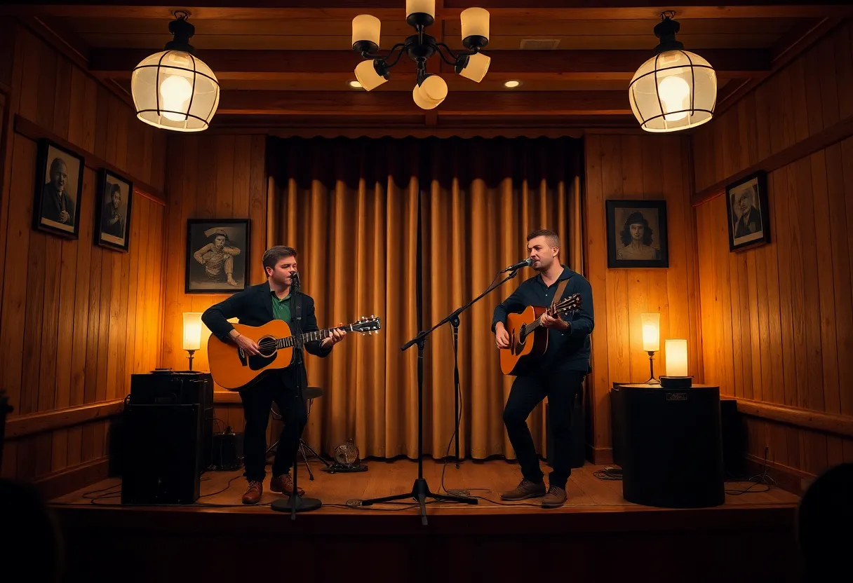 An intimate scene of an acoustic duo performing on a warmly lit wooden stage in a cozy venue. The warm tungsten light enhances the soft, muted color palette, creating a nostalgic and inviting atmosphere. Hyperfocal sharpness captures every detail, from the musicians’ expressions to the rich textures of their instruments. The centered composition highlights the connection between the performers and the audience, making it a perfect representation of acoustic music.