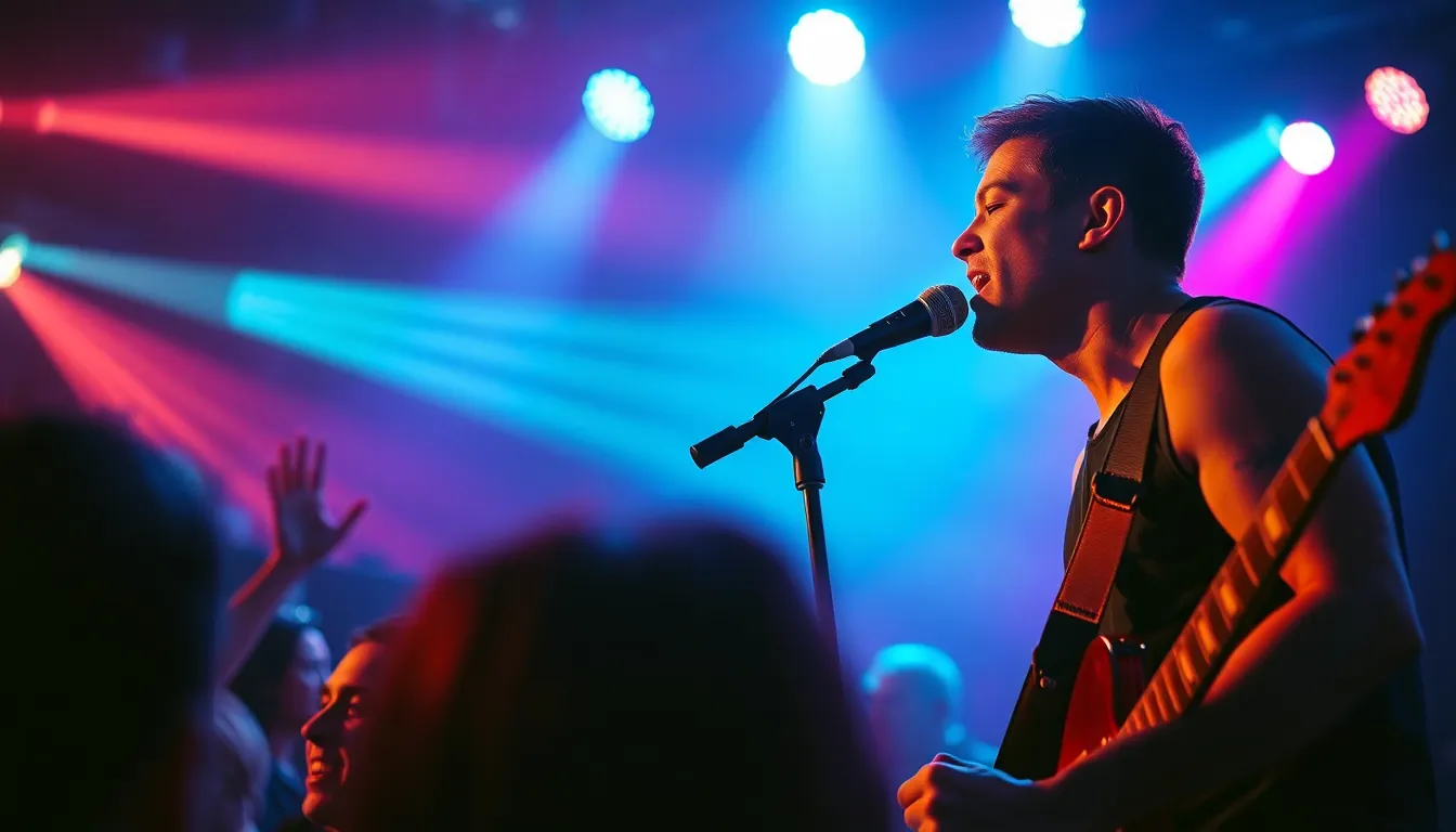 A vibrant image of a rock band performing live on stage, illuminated by dynamic blue and pink lights. The lead singer is captured in sharp focus, displaying intense energy and emotion, while an energetic crowd creates a lively bokeh effect in the foreground. The cinematic color grading enhances the excitement of the concert atmosphere. This photo illustrates the intimate connection between the performers and their audience.