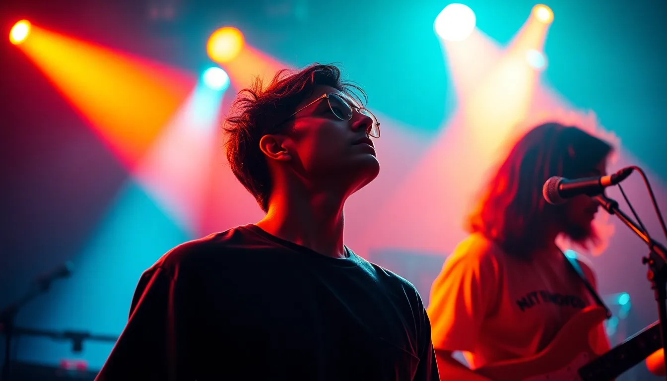 This image captures a thrilling moment during a concert, showcasing a band under dramatic stage lights. The vibrant colors of the gels enhance the mood, creating an electric atmosphere. The shallow depth of field focuses on the musicians, while the background blurs into a soft bokeh. Detailed textures, such as sweat on skin and fabric of clothing, add to the realism, making viewers feel part of the action.