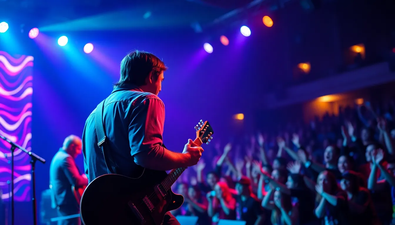 This dynamic image captures a lead guitarist performing passionately on stage during a concert. Surrounded by a vibrant atmosphere, deep purple and blue lights create an electrifying backdrop, amplifying the energy of the crowd. The shallow depth of field allows for sharp focus on the guitarist while softly blurring the enthusiastic audience, drawing attention to the performer. The shimmering guitar surface reflects the colorful stage lights, enhancing the overall excitement of the scene.