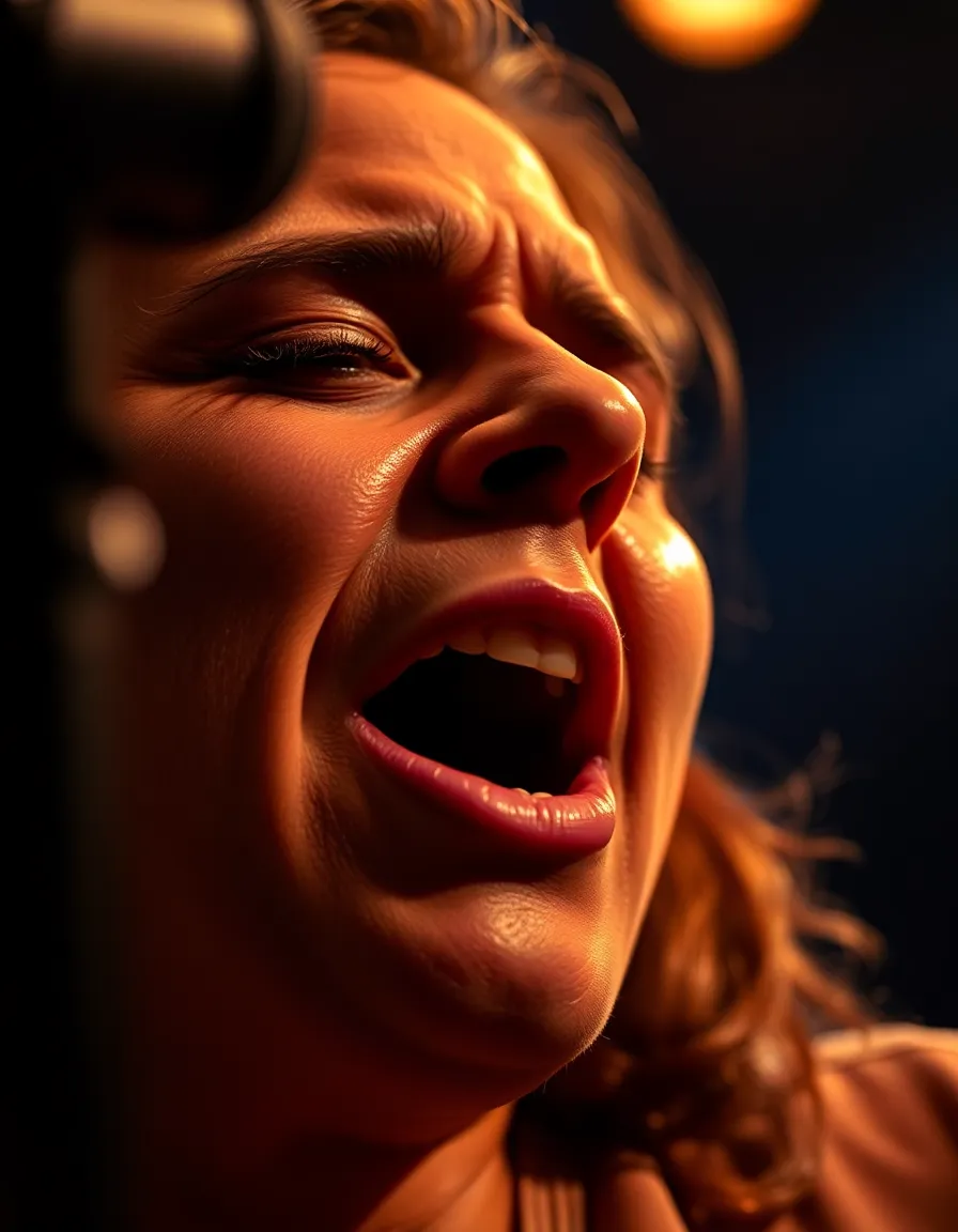 A stunning close-up of a singer immersed in their performance, captured with exquisite detail. The dramatic spotlight accentuates their features, highlighting the emotions and energy of the moment. Warm tones and rich textures emerge, from their skin to the fabric of their clothing, drawing viewers into the intimacy of the performance. This image brings the audience closer to the artist's experience.