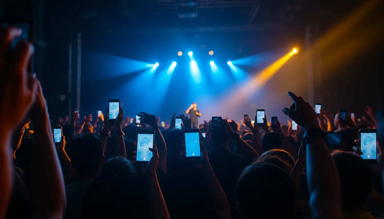 Nighttime Concert Crowd with Glowing Mobile Phones