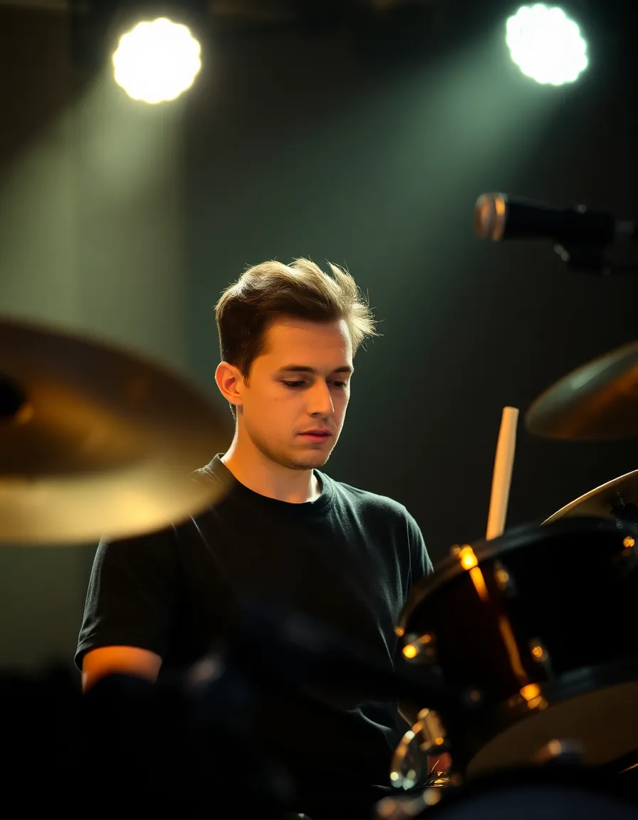 This captivating candid shot features a drummer deeply focused on his craft during a live performance. Spotlit against a darker backdrop, the lighting emphasizes his intense concentration and showcases the intricate details of his drum set. The natural and muted color palette adds an organic feel to the image. Centered composition enhances the visual balance and draws the viewer's attention to the drummer's expressive face and rhythmic motion.