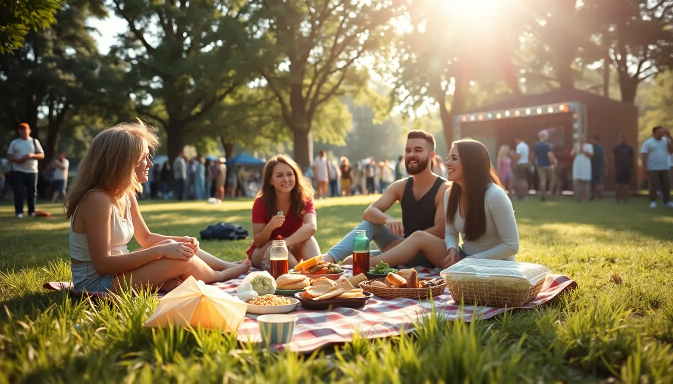 This picturesque image depicts a group of friends enjoying a sunny outdoor concert festival, with dappled sunlight filtering through the trees. The deep focus captures the entire scene clearly, enhancing the warm, nostalgic feel of the Kodak Portra palette. Textures of the grass and picnic spread enrich the experience, conveying joy and relaxation amidst the lively atmosphere.