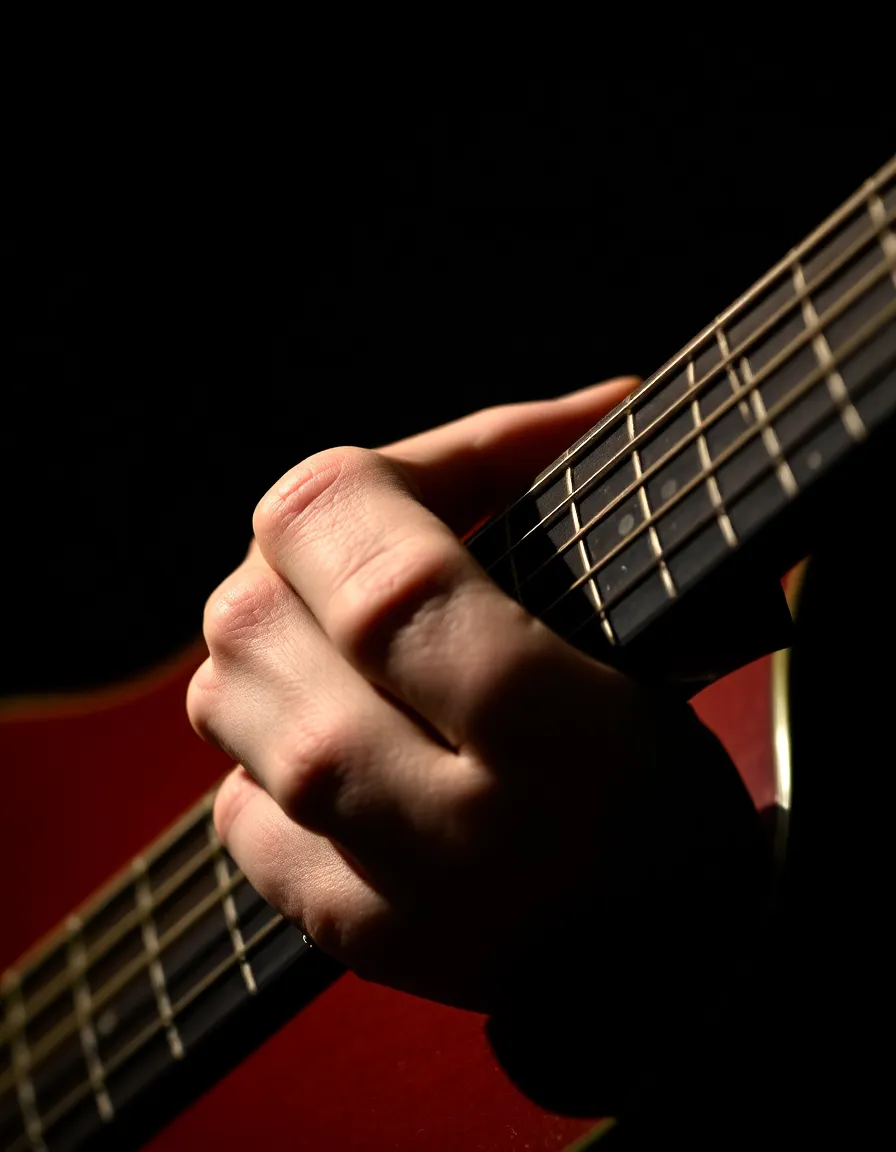 This close-up image immerses viewers in the art of guitar playing, capturing the intricate fingers of the guitarist delicately maneuvering the strings. Dramatic lighting creates a spotlight effect, highlighting the textures of the skin and instrument while producing deep shadows around them. The natural muted tones add depth and authenticity to the moment, emphasizing the technical skill and passion of the musician. This detailed perspective enhances appreciation for the artistry involved in live music.