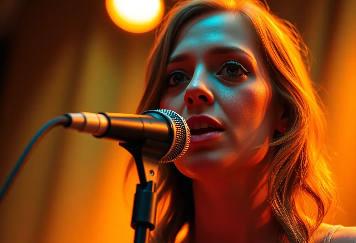 This beautifully detailed close-up captures a singer-songwriter in the spotlight, performing into a vintage microphone. The warm golden lights create a halo effect that adds a magical quality to the scene, while selective focus emphasizes her expressive eyes. The color grading enhances the overall mood, and the blurred backdrop highlights the importance of the performance. The composition allows the viewer to feel the artist's emotions in this intimate moment.