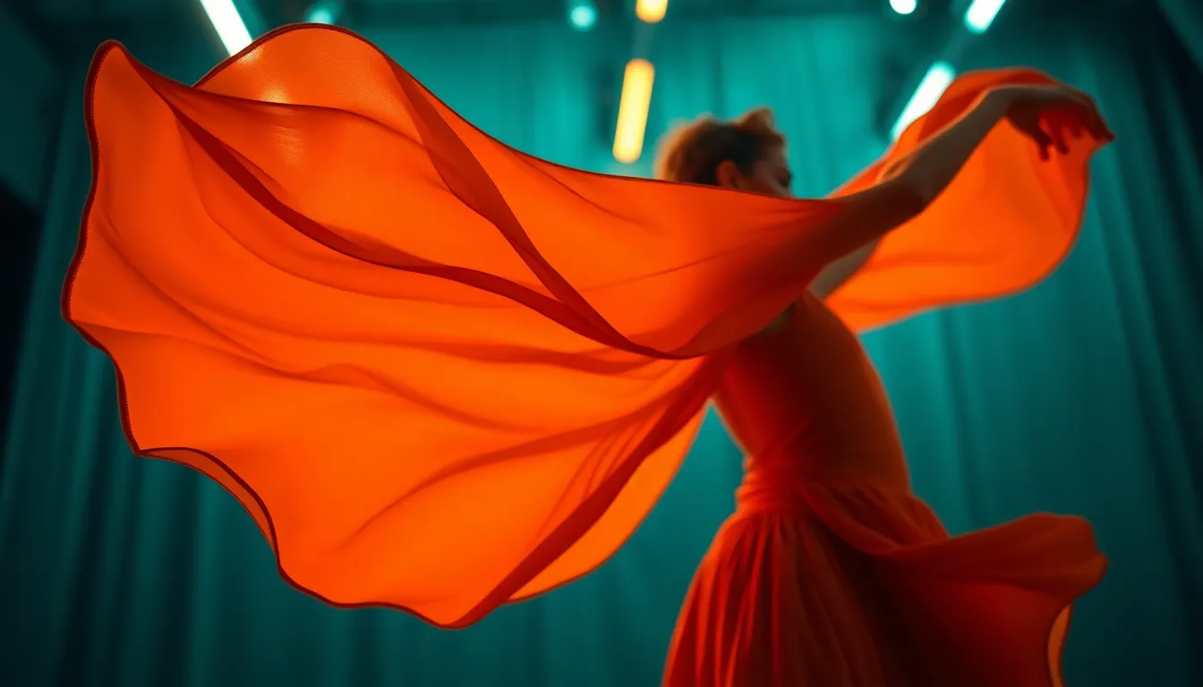 This striking image captures a dancer in motion under vibrant fluorescent stage lights, with an abstract backdrop creating a colorful atmosphere. The selective focus highlights the flowing fabric of the dancer’s costume, while the cinematic color grading adds intensity. A Dutch angle composition introduces dynamic tension, perfectly complemented by the dancing shadows that enhance the sense of movement.