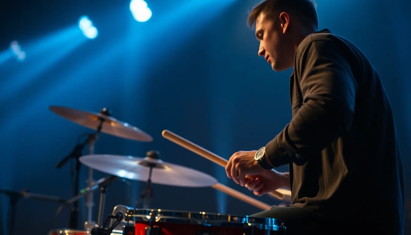 A dynamic drummer performs passionately on stage, intensely focused on the rhythm of the music. The cool blue stage lights cast a moody ambiance and highlight the intricate details of the drum kit. Sharp focus on the drummer captures his expression and the motion blur of drumsticks, emphasizing his energetic performance. The composition artfully places him off-center, creating a sense of movement and engagement as he connects with the audience.
