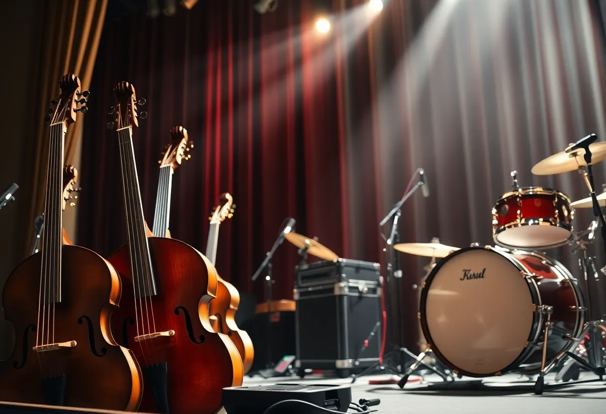 A detailed image of a concert stage setup, showcasing a collection of musical instruments bathed in soft natural light. The tranquility of the scene captures the calm before the storm of live performance, focusing on the textures of polished wood and gleaming metal. The shallow depth of field brings attention to the instruments while the blurred background adds a sense of depth. This image embodies the beauty and craftsmanship of musical equipment, inviting viewers into the preparatory moments of performance.