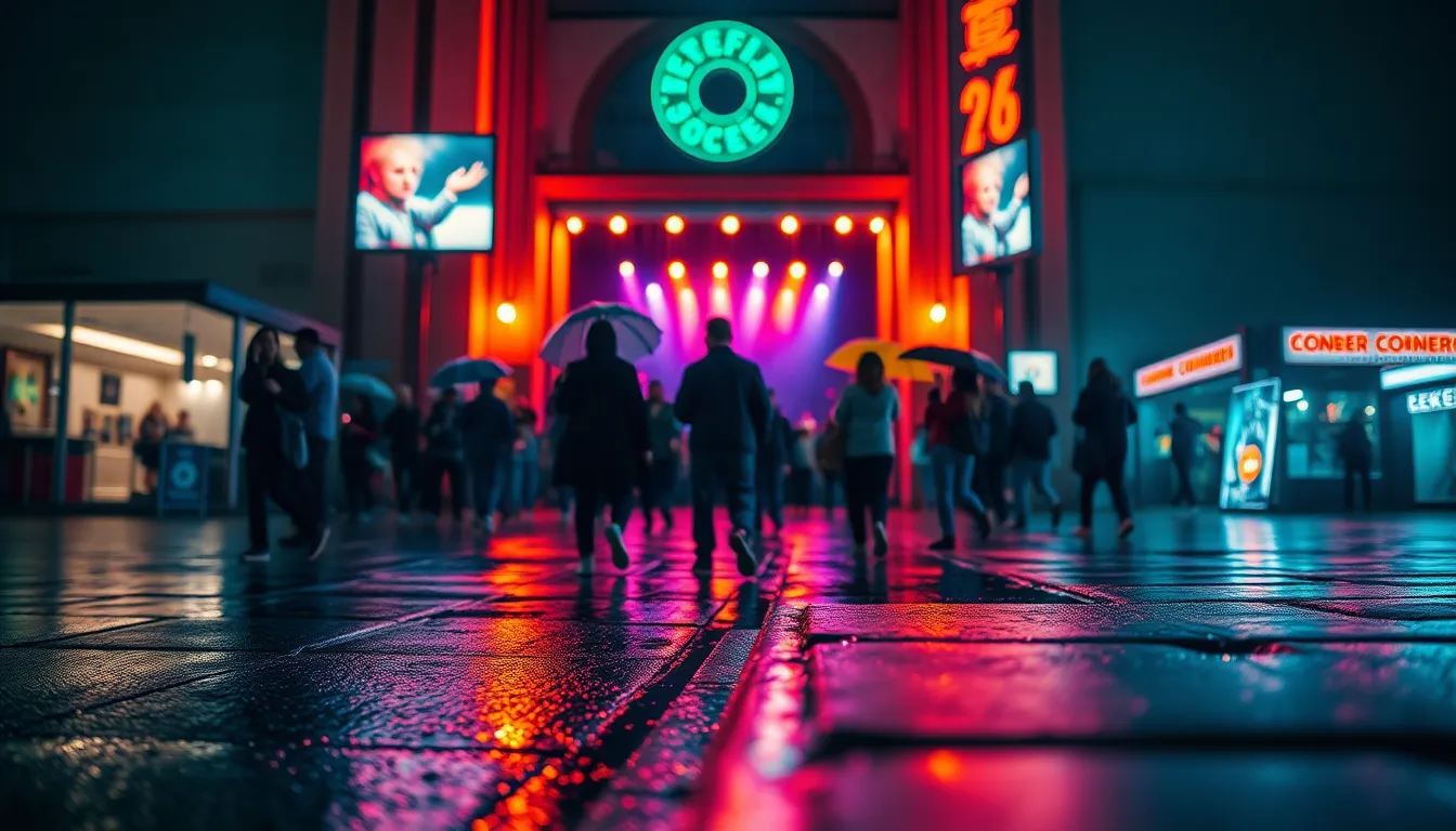 Vibrant Concert Entrance on a Rainy Night