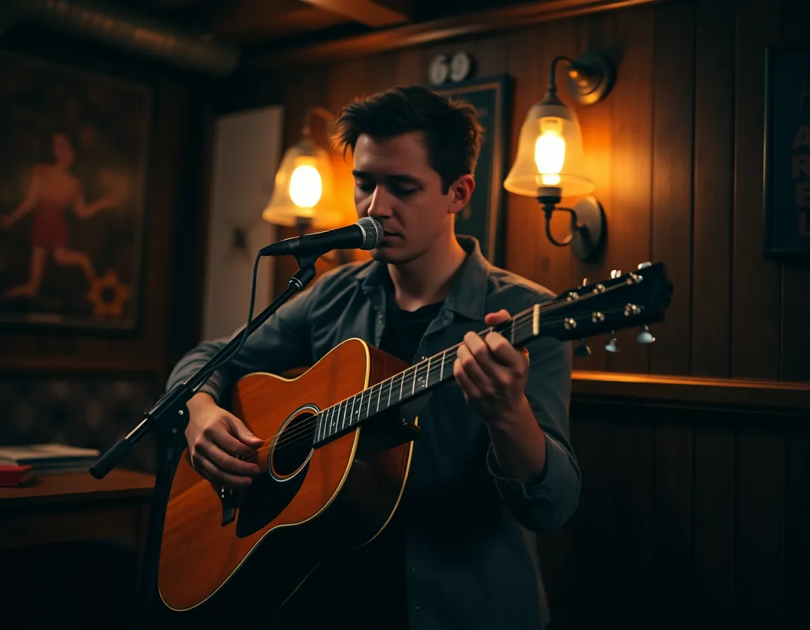 This intimate scene captures a solo acoustic performer in a cozy venue, illuminated by the warm glow of vintage-style tungsten lamps. With a shallow depth of field, the artist is sharply focused while the background softly blurs, evoking a sense of warmth and intimacy. The muted tones with amber highlights enhance the ambiance of the space, making it inviting for the audience. The centered composition draws attention to the performer, whose vintage guitar showcases a beautiful wood grain texture, adding character to the moment.