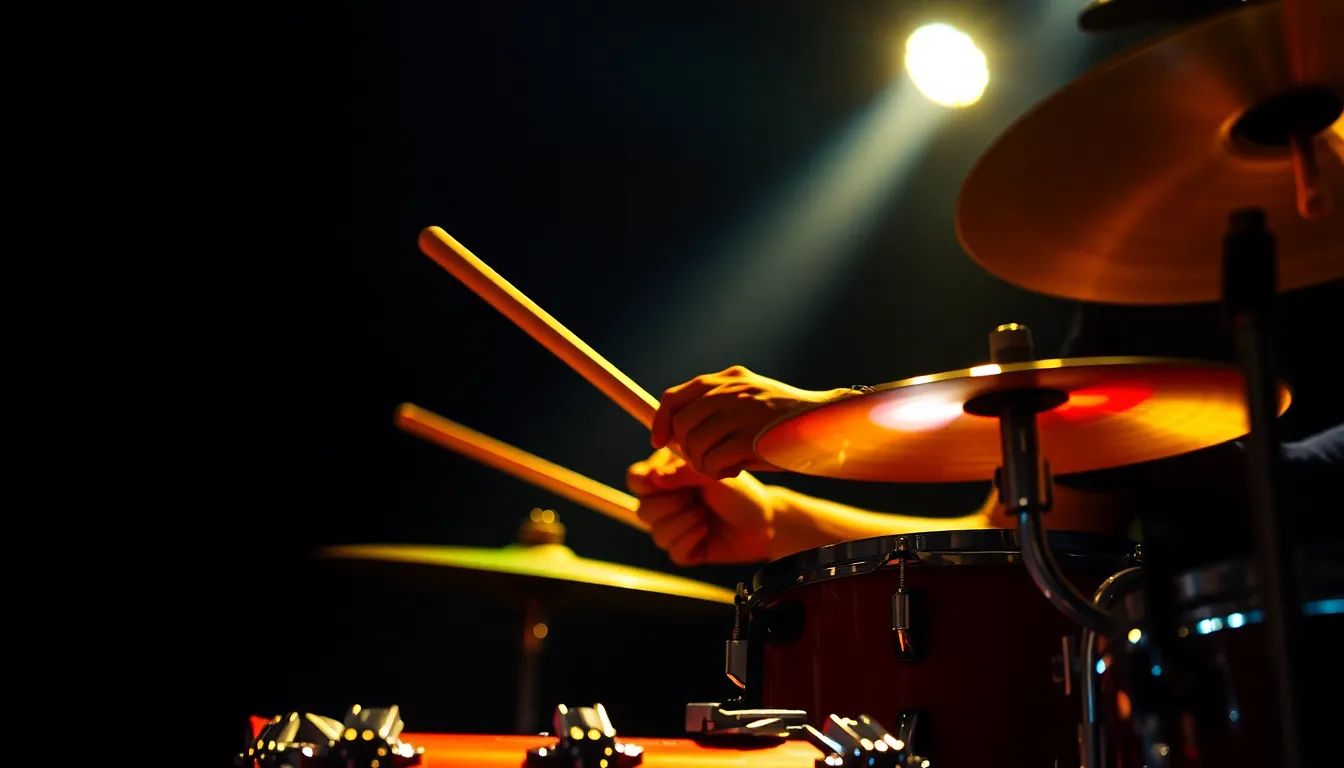 A vivid close-up shot capturing a drummer in the heat of the moment during a concert. The sharp stage lighting pops against the dark background, while the shallow depth of field creates a captivating dreamy effect around the musician. The saturated colors bring out the vibrancy of the drum kit, making viewers feel the rhythm and energy of the performance. This visually striking composition expertly highlights the textures of the drummer's sticks and the intricate details of the drums.