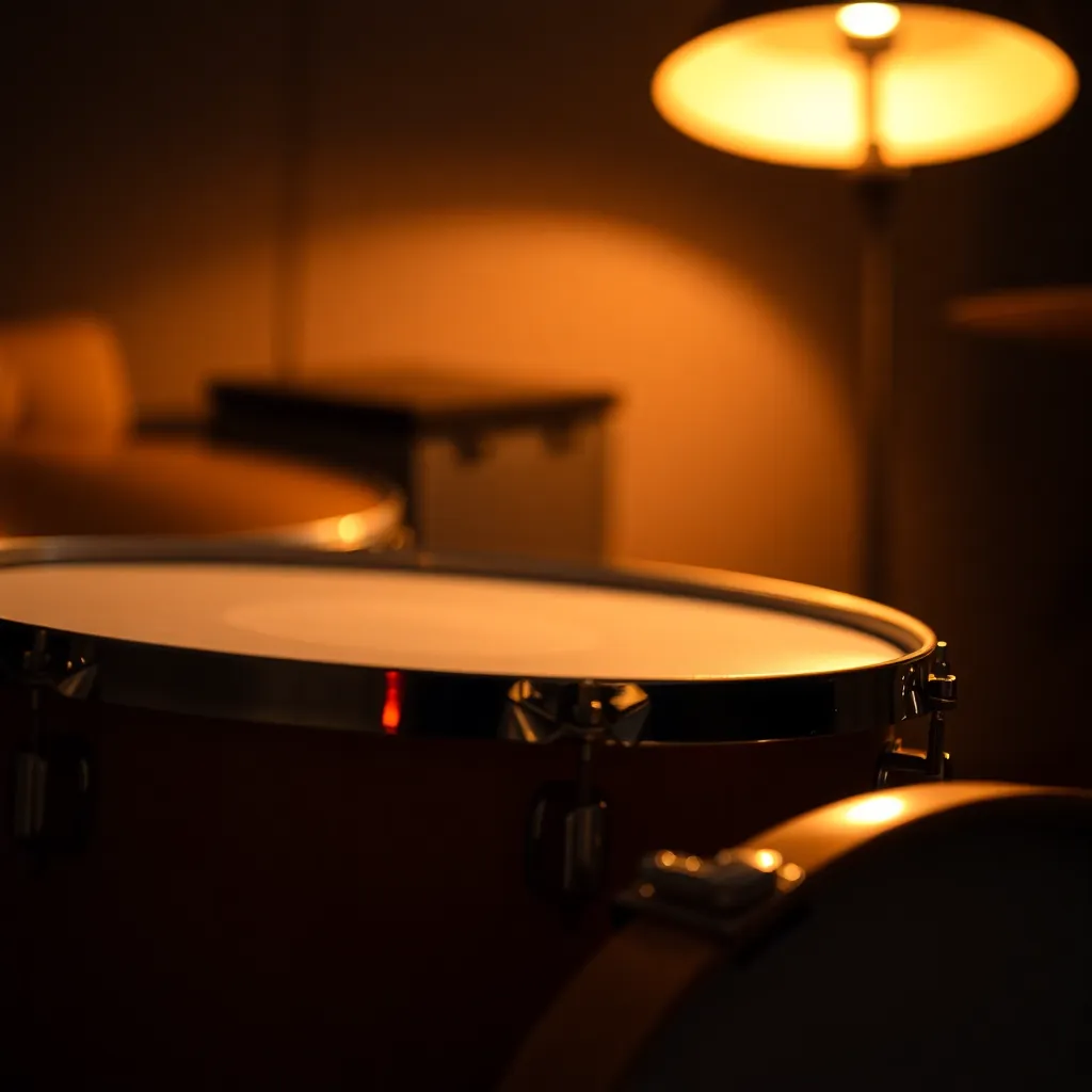 An intimate close-up shot of a drum set illuminated by a warm tungsten lamp. The soft, directional light highlights the rich wood textures and metal hardware, creating a cozy atmosphere. The shallow depth of field draws attention to the intricate details, perfect for music enthusiasts and production design creatives.