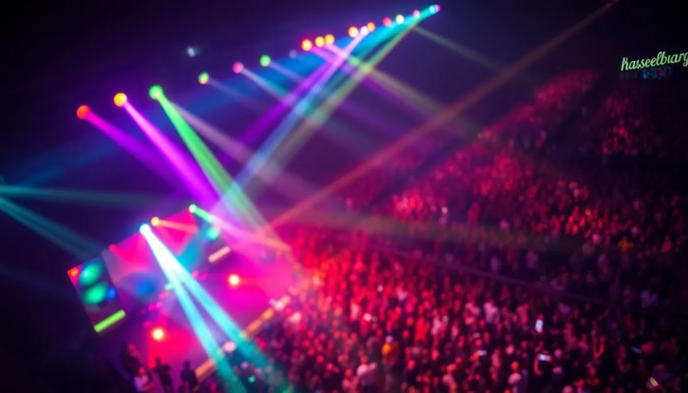 An exhilarating aerial view of a lively nighttime concert, where colorful lights dance across the crowd, creating an electrifying atmosphere. The focus on a specific section of the audience contrasts beautifully against the blur of vibrant energy around them. The mix of neon tones paired with deep shadows evokes a sense of excitement and immersion. This image captures the essence of modern concert culture, inviting viewers to experience the thrill of live music.