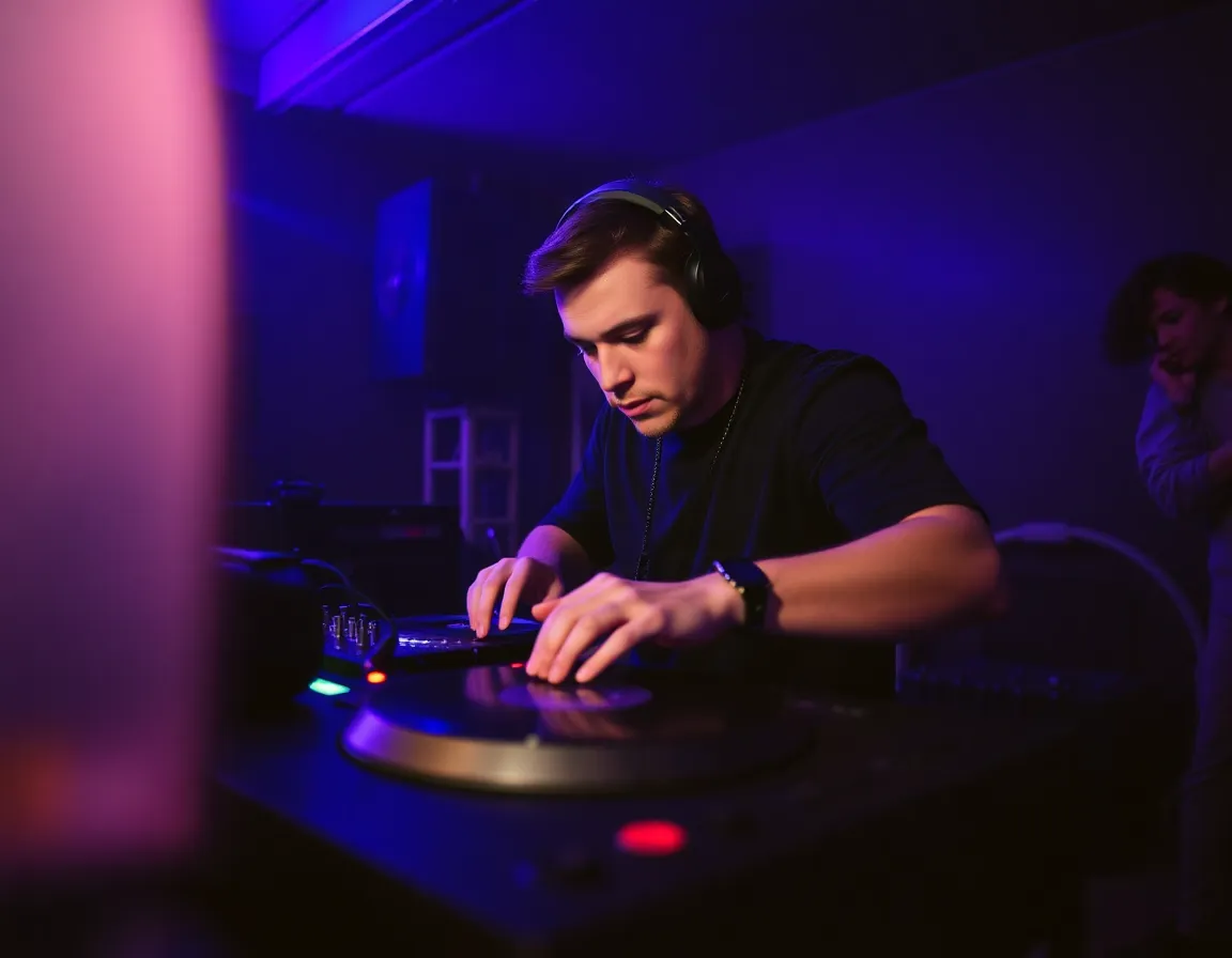 This striking image features a DJ engrossed in his craft at an intimate club, illuminated by cool blue and purple lights that set a moody atmosphere. The soft fill light enhances his concentration, while the shallow depth of field draws attention to his hands skillfully mixing tracks. The muted color tones add to the overall vibe, creating a captivating scene that immerses the viewer into the nightlife experience.