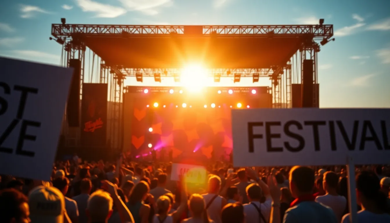 This lively scene captures a vibrant crowd at an outdoor festival, illuminated by the beautiful golden hour sunlight. The shallow depth of field draws focus to the excitement on attendees' faces, while the saturated colors elevate the overall mood. Festival signage in the foreground adds to the festive atmosphere, encapsulating the joy of live music events.