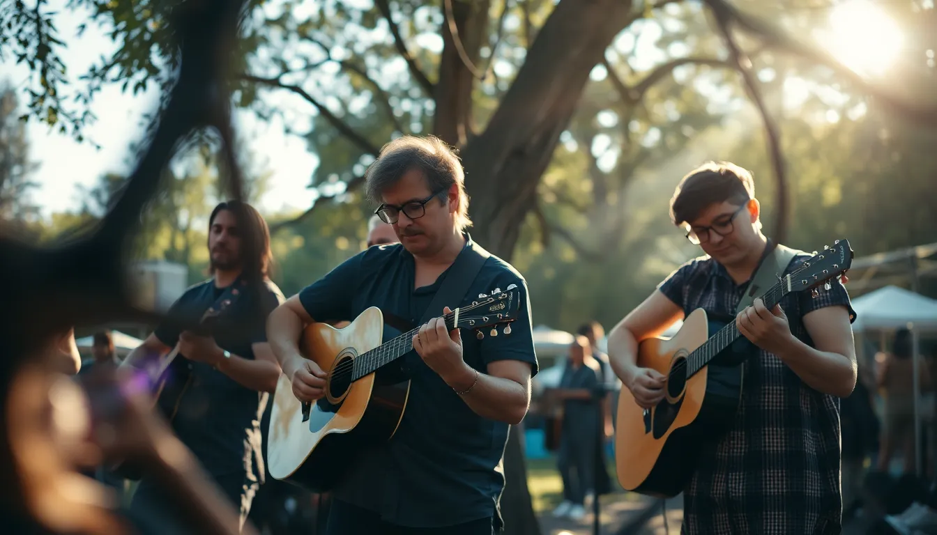 A serene depiction of an acoustic band playing at an outdoor festival, surrounded by the natural beauty of sunlight filtering through the trees. The image captures the musical intimacy of the moment, with sharp focus on the musicians and their instruments, revealing intricate textures. The composition creatively frames the scene with tree branches, enhancing the depth and inviting viewers into this tranquil setting.