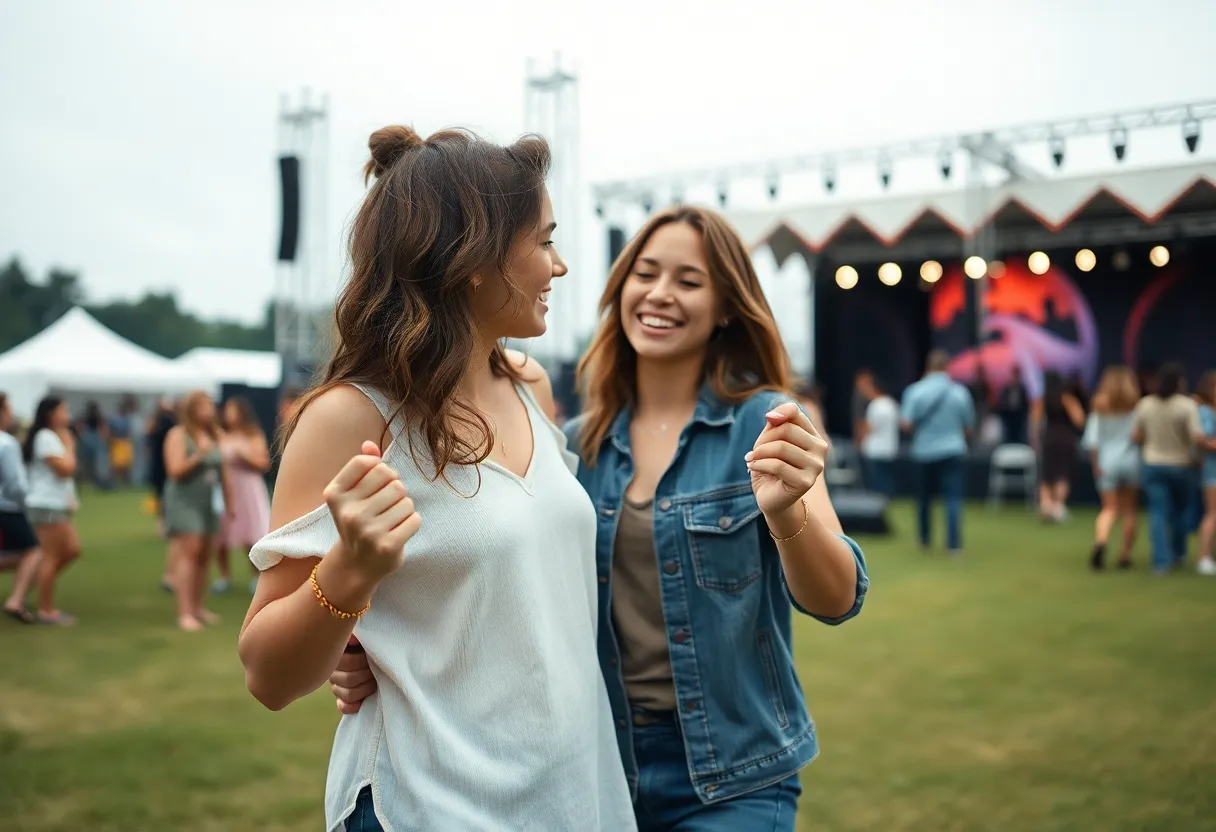 This charming image captures a young couple joyfully dancing together at an outdoor music festival under soft, overcast lighting. The shallow depth of field highlights their vibrant expressions while the stage fades gently into the background, embodying the laid-back vibe of the event. The natural muted tones and desaturated colors create a harmonious atmosphere, complemented by the contrasting textures of their clothing and the soft grass beneath their feet. It’s a moment of pure joy and connection in the midst of a vibrant celebration.