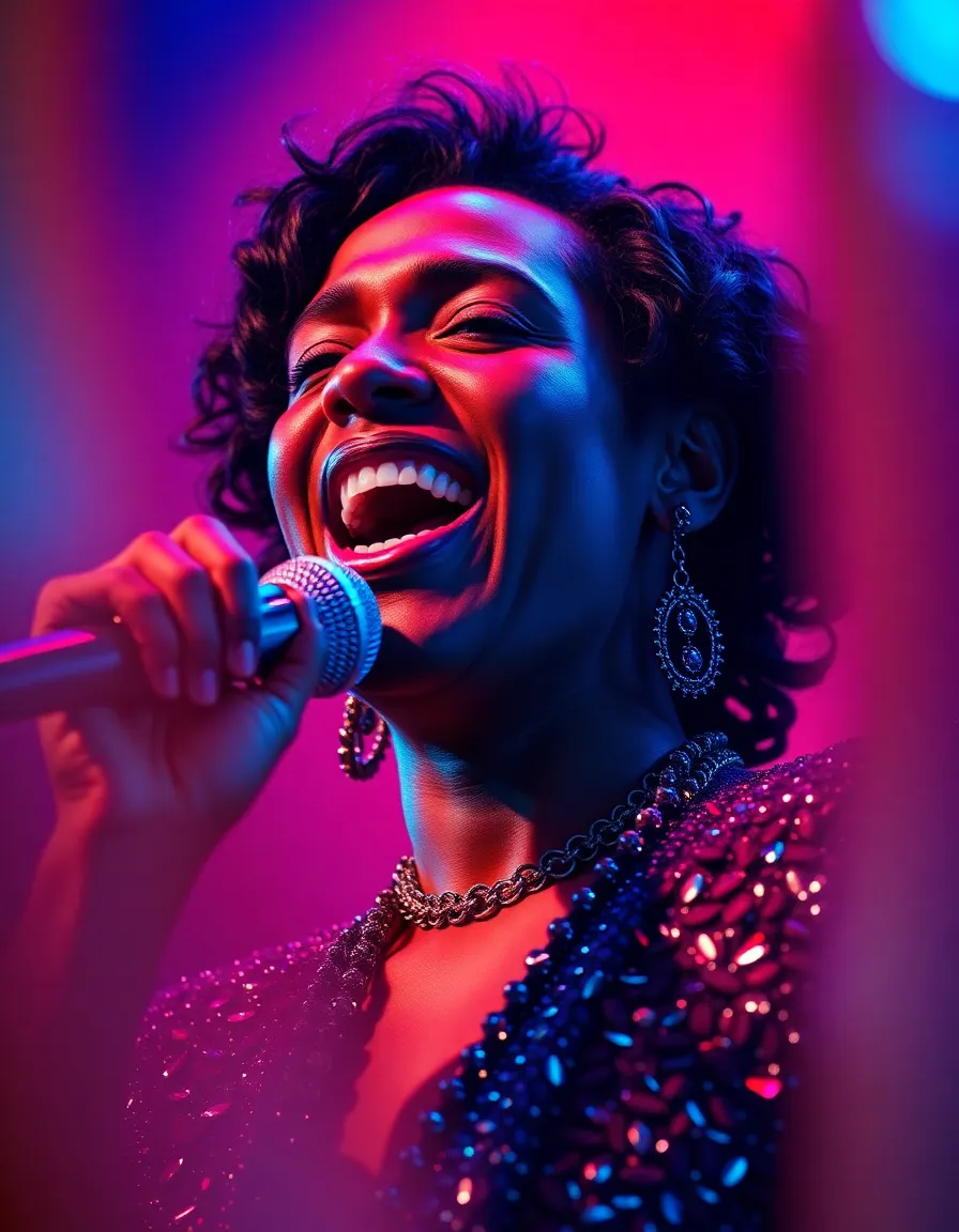 A captivating studio portrait of a concert singer, set against vibrant stage props. The soft yet dramatic lighting enhances their facial features and the colors pop with saturated richness. The intricate details of the sequined outfit add depth, making it an ideal representation of the electrifying world of live performances.