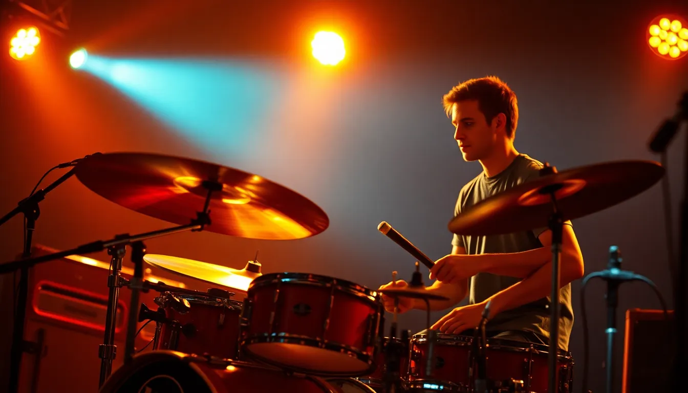This intimate photograph captures a drummer immersed in their performance under the warm glow of tungsten stage lights. The shallow depth of field isolates the drummer, revealing rich textures of the drum kit and their intense focus. The warm Kodak Portra 400 color palette enhances the mood, while the thoughtful composition emphasizes the drummer's importance within the ensemble. This image transports viewers into the heartfelt moment of the concert.