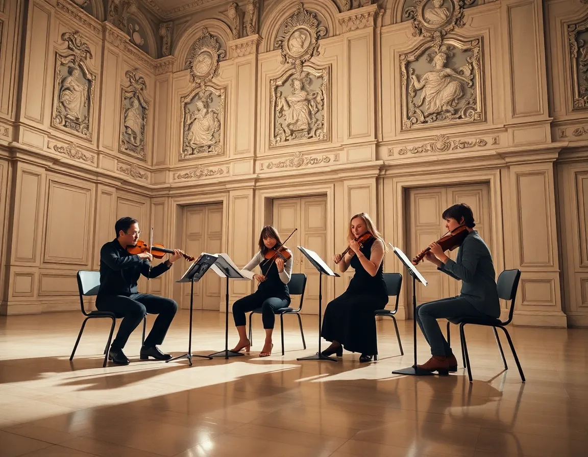 An exquisite capture of a string quartet performing in a grand hall, illuminated by soft lamplight. The musicians are sharply focused while the hall's ornate details fade into a beautiful blur. The muted color palette enhances the sophisticated ambiance, creating a serene and intimate feel, perfect for classical music lovers.