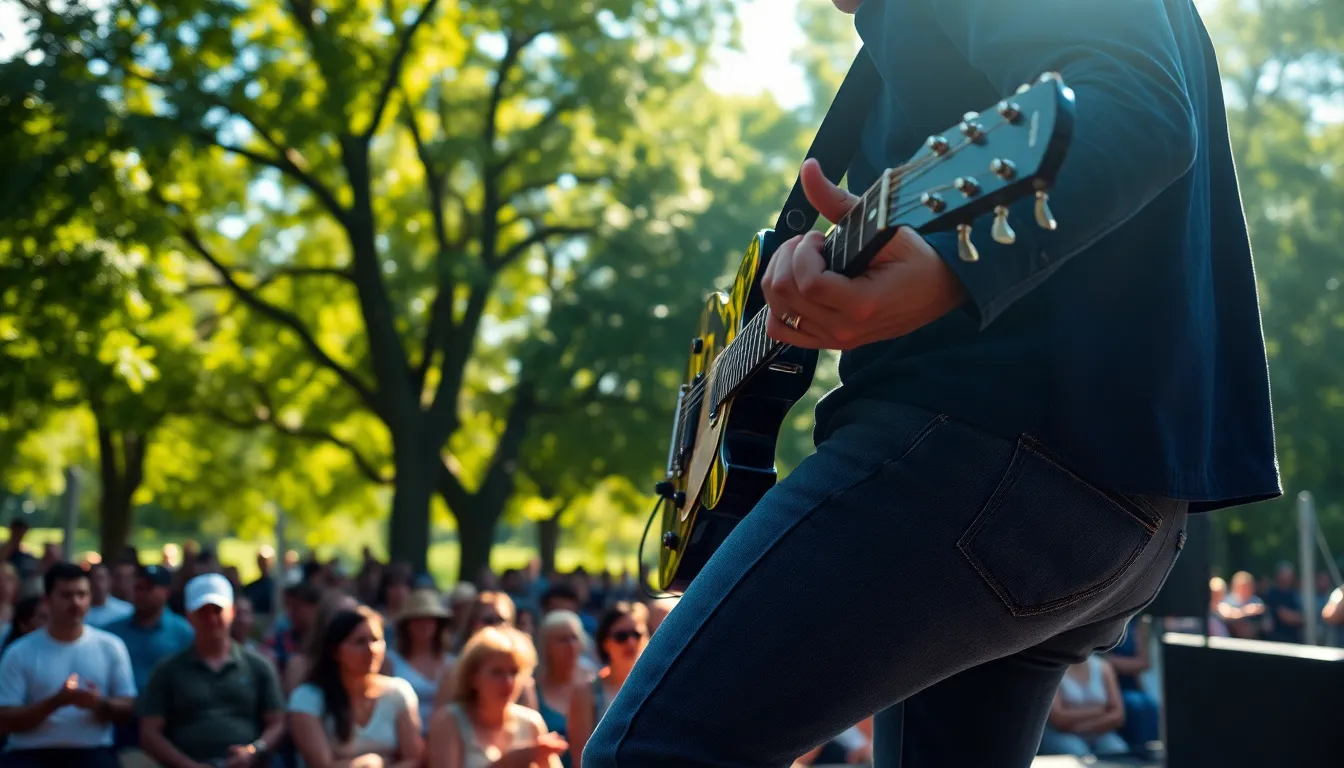A talented guitarist captivates the audience at an outdoor music festival, with sunlight filtering through leafy trees to create a beautiful play of light and shadow. The focus is on the guitarist's skillful hands as they strum the instrument, bringing music to life. The lush greenery surrounding the scene is vibrant and rich, enhancing the overall atmosphere and energy of the performance. Textures from the guitar and the musician's attire are crisp and clear, adding depth to the image.