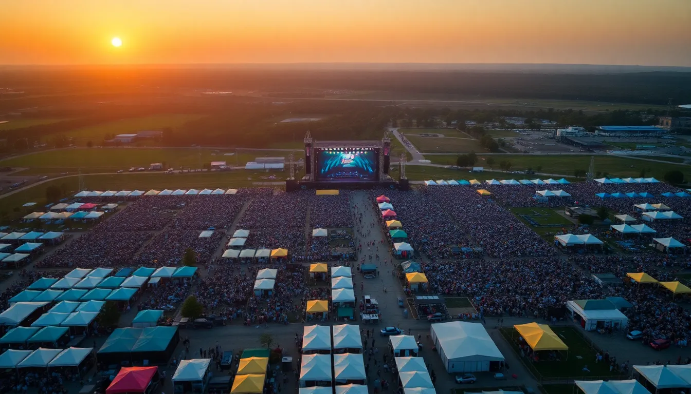This stunning aerial image captures the expansive vibe of a music festival, with colorful tents and enthusiastic crowds creating a lively patchwork across the landscape. The warm golden light of the sunset accentuates the festive atmosphere, while the sharp focus showcases every detail from the ground up. The dynamic composition highlights the stage as the central focus, enhancing the sense of excitement and community that defines a festival experience.