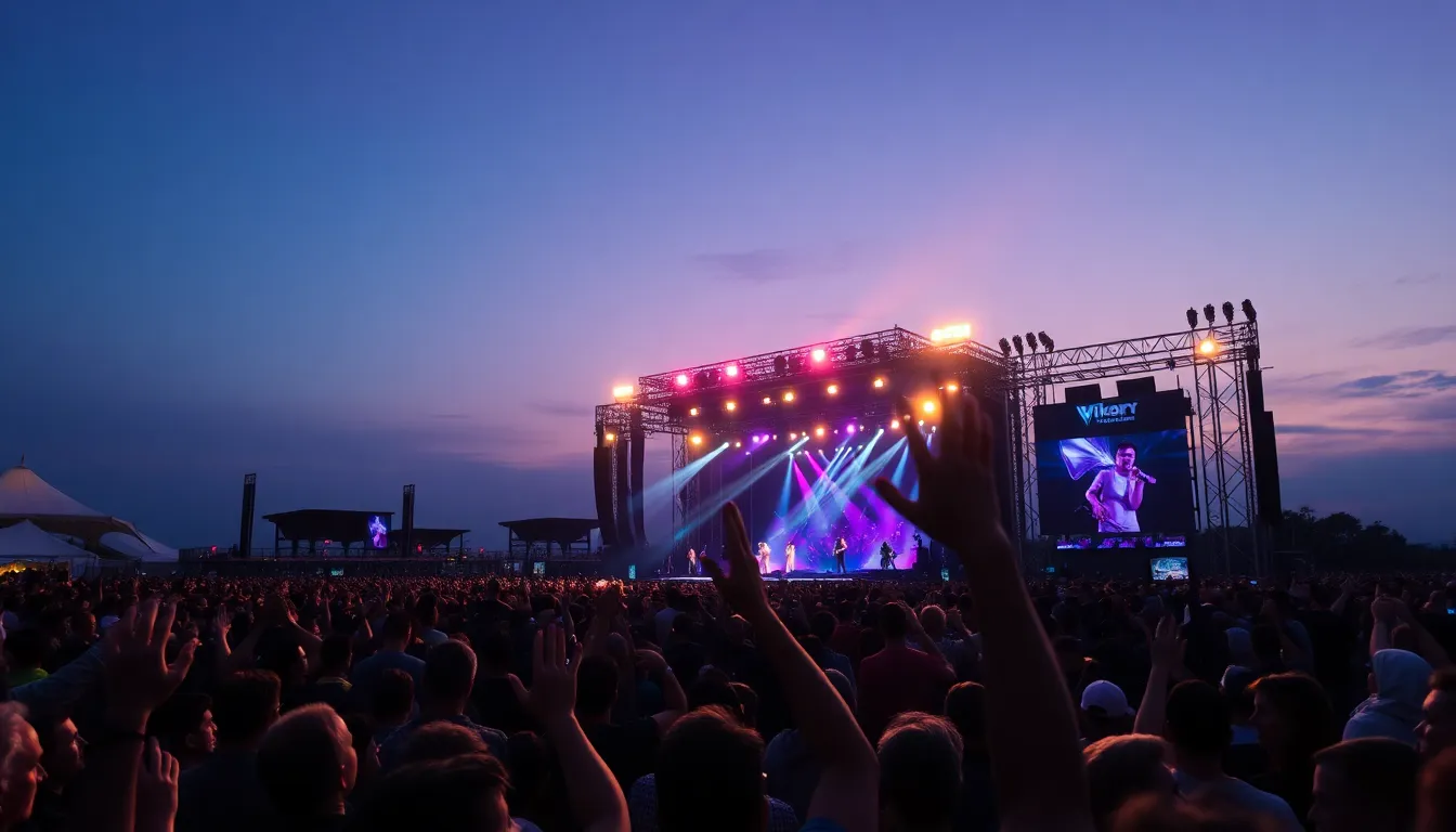 A panoramic view of an excited crowd at a music festival, illuminated by the golden glow of sunset. The image captures the infectious energy and collective joy of the audience, with a sharp focus on both the people and the stage in the background. The warm colors create an inviting atmosphere, drawing viewers into the experience of live music. This scene is a perfect representation of the festival culture and the connection between artists and fans.