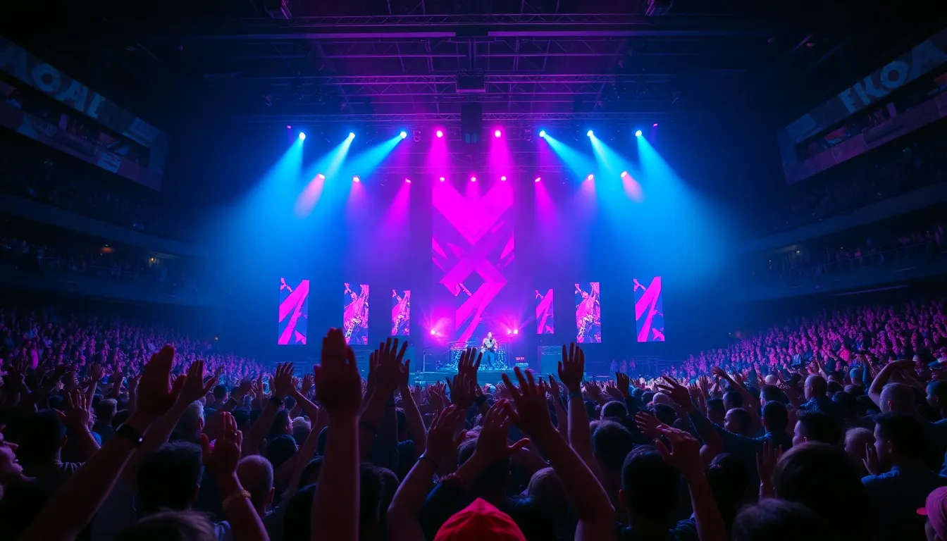 This dynamic image showcases a rock band performing in a bustling arena, surrounded by an excited audience. The vivid stage lights create a striking contrast against the sea of fans, enhancing the atmosphere of the event. The sharp focus on both the band and fans ensures no detail is lost in this thrilling moment. The centered composition naturally draws the viewer's attention, celebrating the energy of live music.
