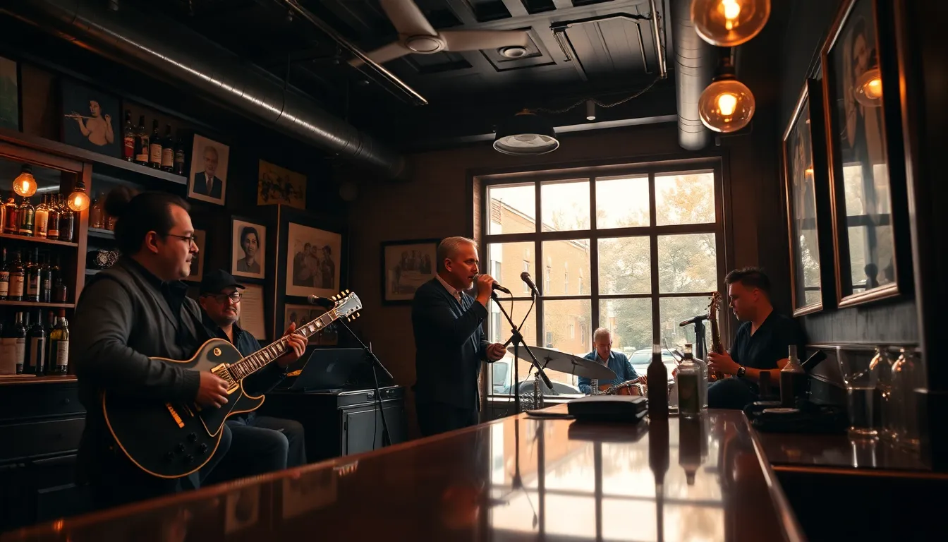 An indie band performing on a rustic stage, captured under a clouded sky. The natural light creates a soft atmosphere, allowing details from both the performers and the audience to remain in focus. The muted colors of the scene emphasize the authenticity of the music genre, making it a relatable visual for fans of live music.