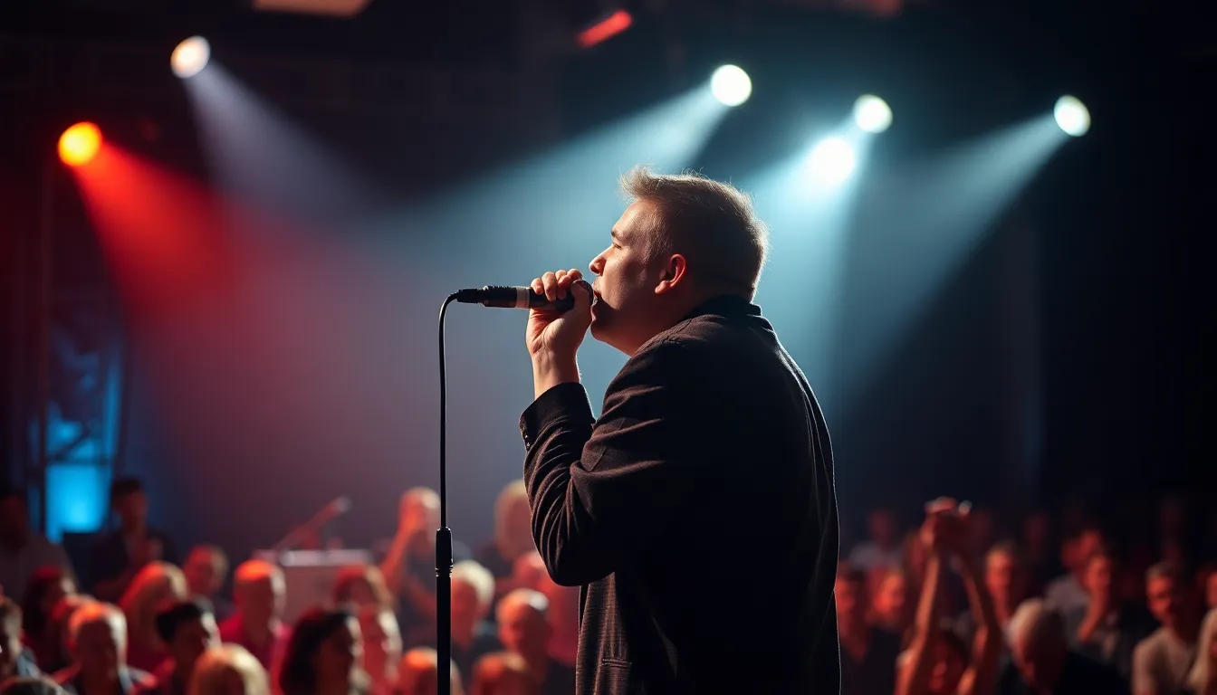 This striking image captures a lead singer in the spotlight during a high-energy performance. The dramatic side lighting emphasizes their expressive movements while the audience fades into the background. Using vibrant saturated colors creates an impactful visual, drawing attention to the singer's details. The focus on textures, from the microphone to the clothing, adds depth to this electrifying moment.