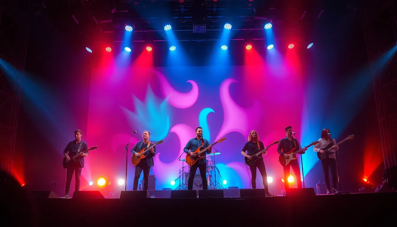 An electrifying performance by a band, shot with a telephoto lens that captures every detail from the musicians to the vibrant stage lights. The bold color palette features saturated blues and reds, enhancing the dramatic atmosphere. The image is symmetrically composed, showcasing the entire ensemble against a captivating backdrop, ensuring that the textures of their clothing and instruments are highlighted.