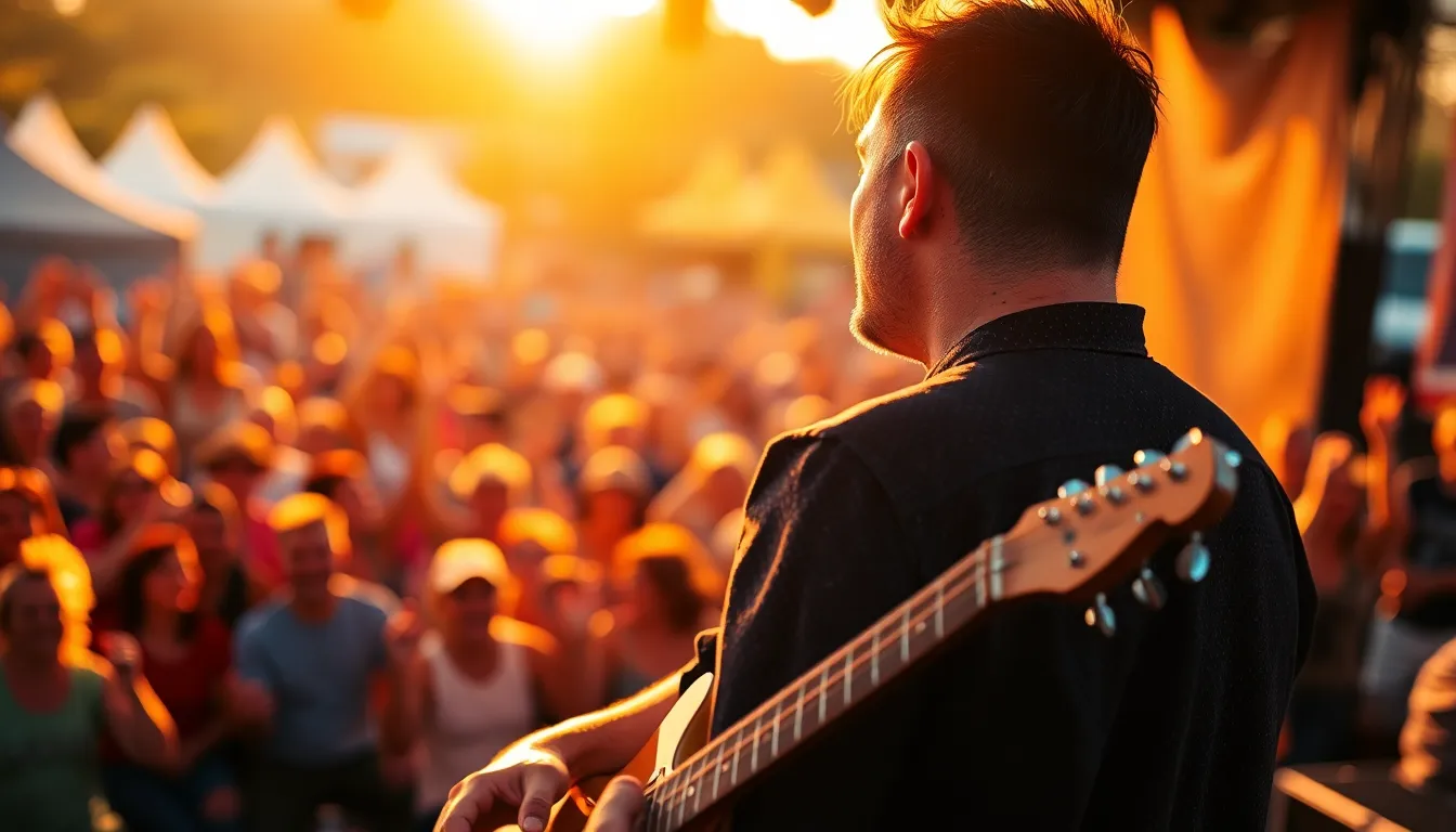 Energetic Musician Performing Live at Sunset