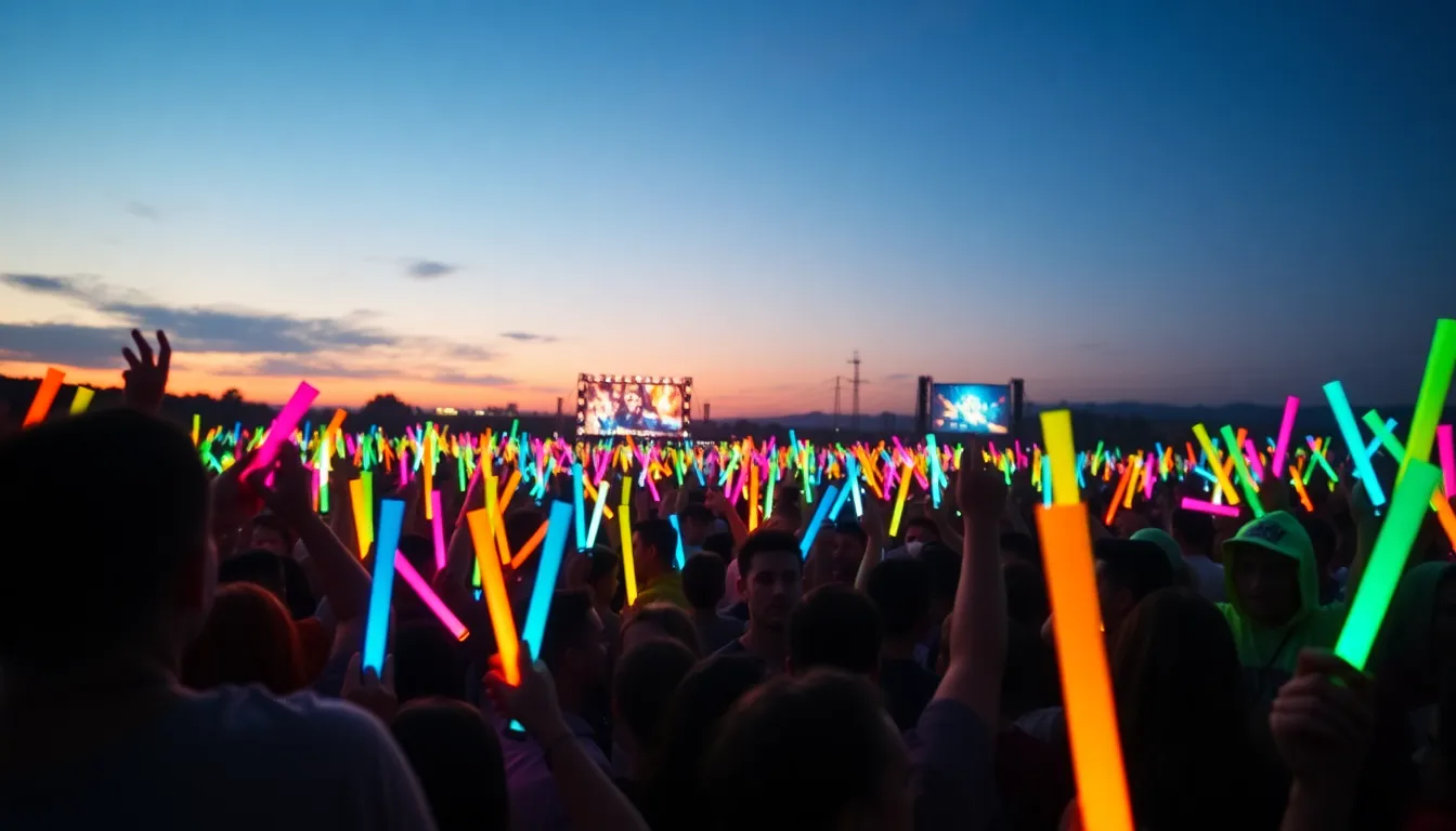 This breathtaking image depicts a festival crowd illuminated by vibrant glow sticks, set against a stunning dusk sky. The mix of fading sunlight and colorful light creates a magical, twilight atmosphere that captures the excitement of the event. A hyperfocal approach sharpens the entire scene, enhancing the scale of the crowd. The composition is symmetrical, emphasizing the vibrant energy of festival-goers as they enjoy the moment.