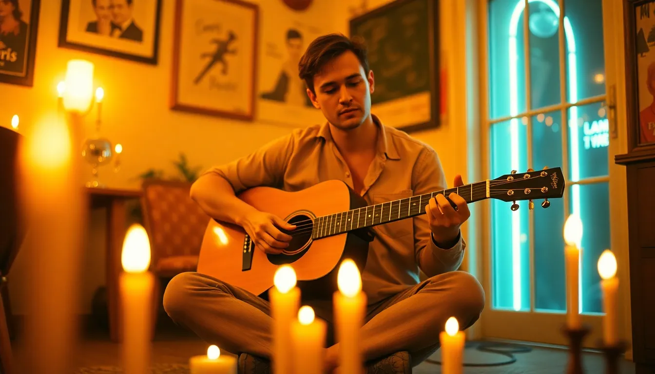 An inviting scene featuring a solo musician playing an acoustic guitar in a cozy, candlelit environment. The warm glow of the candles combined with neon ambient lighting creates a unique atmosphere. The soft focus highlights the musician’s features and their emotional connection with the music. The composition captures the intimate moment, with beautiful textures from the candles and the musician's clothing enhancing the overall warmth of the image.