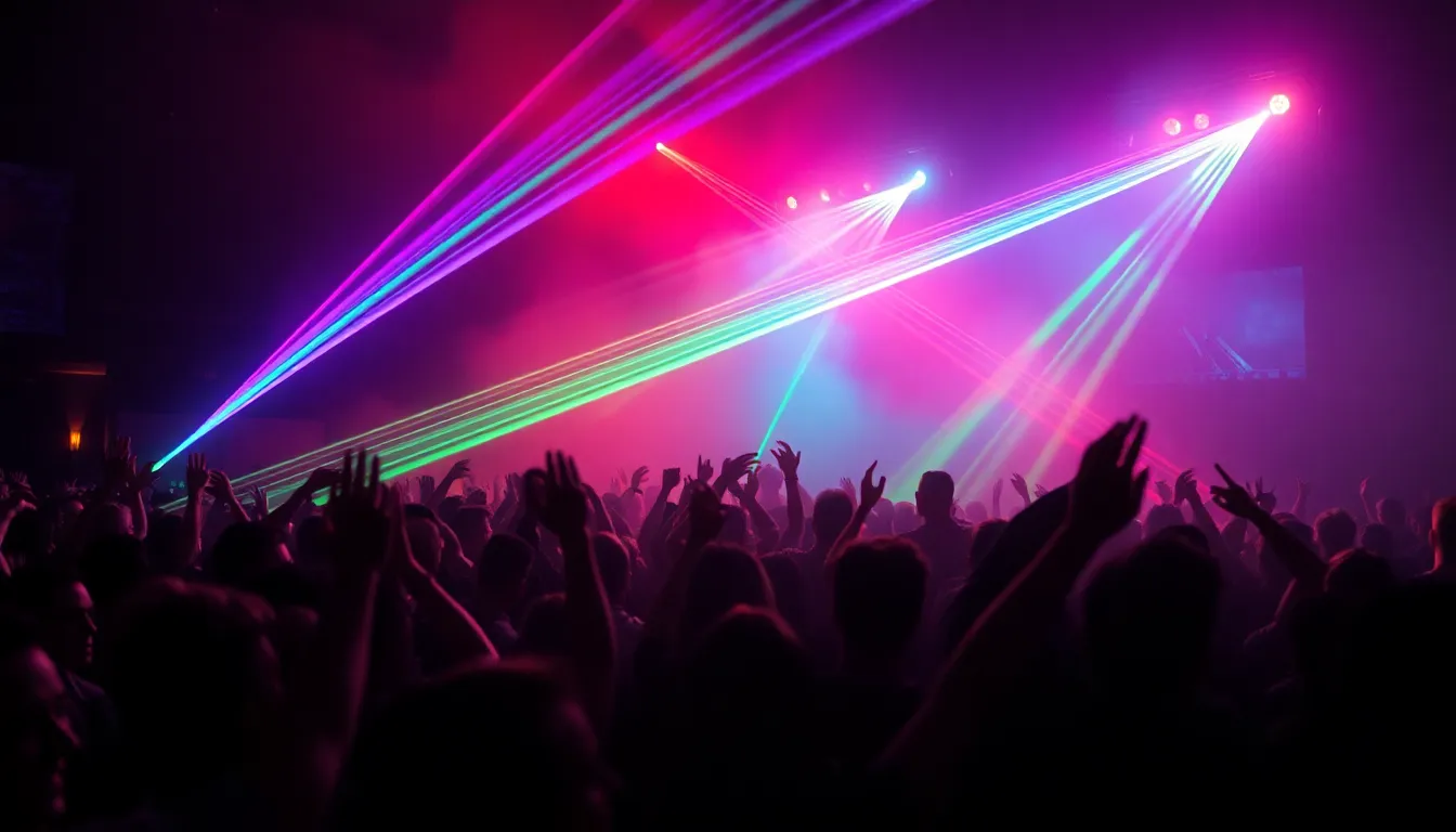 This vibrant concert image captures an ecstatic audience immersed in the performance, surrounded by colorful laser lights that cut through the smoke for a surreal effect. The focus on the audience’s reactions, combined with saturated colors, creates a lively atmosphere. The texture details highlight the shine and fabric of their clothing, enhancing the excitement of the moment.