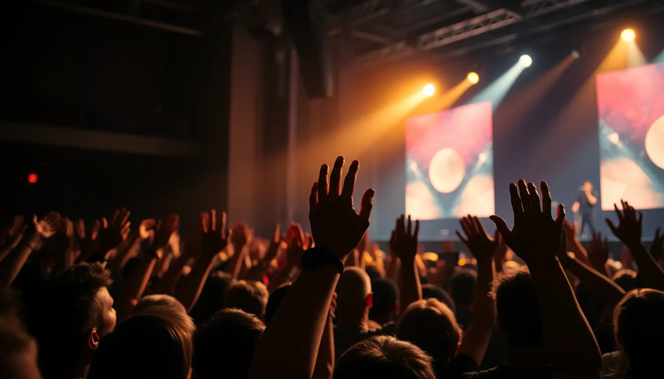 An immersive scene depicting a lively audience at a concert, hands raised in excitement. The warm tungsten lights cast dramatic shadows over the crowd, highlighting the energy and excitement of the night. The composition captures the feeling of being part of a larger community, with every face expressing enjoyment, while the singer is shown energetically performing in the background. The image showcases the excitement and connection felt during live music events.