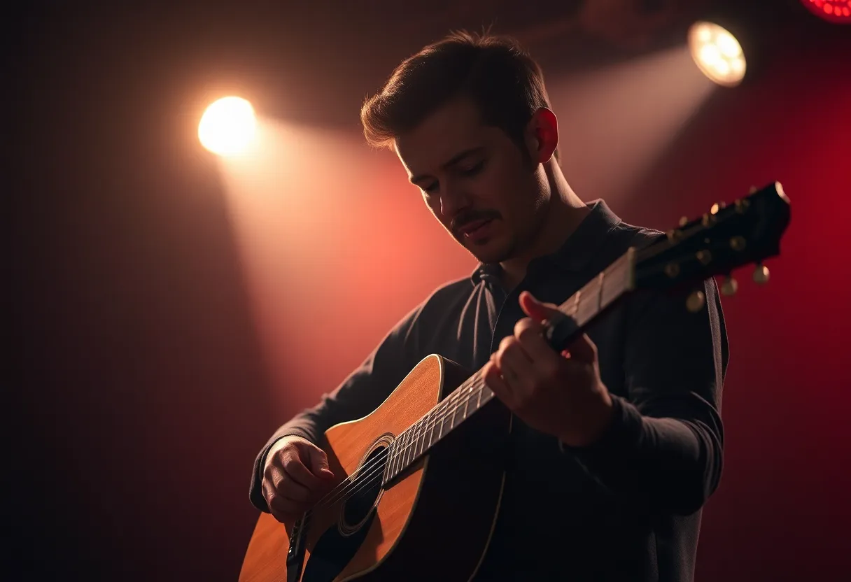 An intimate close-up of a guitarist deeply engaged in their performance, surrounded by warm, dramatic lighting. The soft bokeh in the background creates an atmospheric effect, allowing the viewer to connect with the artist's raw emotion. The warm color palette enhances the mood of the scene, while the texture of the wooden guitar adds depth. This image captures the essence of live music in an evocative and visually striking manner.