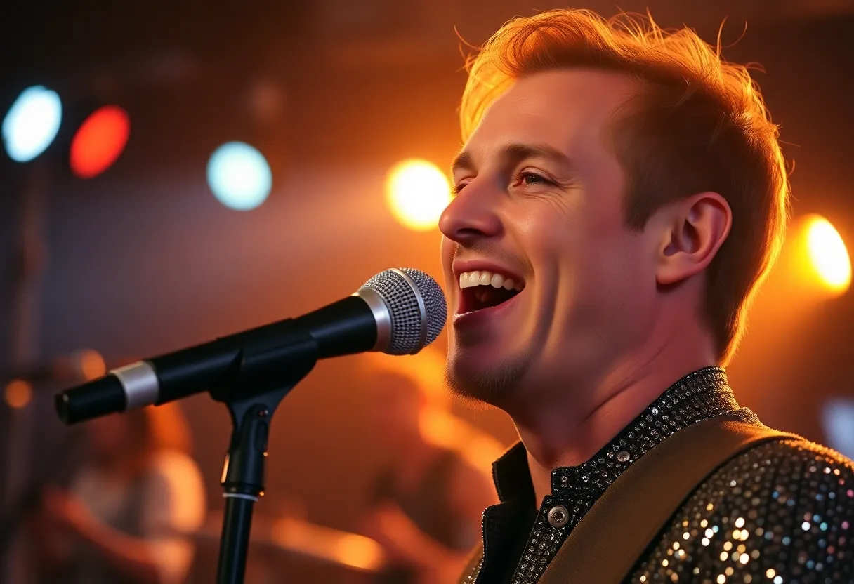 This striking image features a passionate drummer bathed in golden hour light, creating dramatic backlighting that emphasizes their intense expression. Positioned to the left, the drummer showcases a beautiful wooden drum kit, with chrome accents shining softly. The background melts into a creamy bokeh, drawing the viewer's attention to the focal point, demonstrating the raw energy of live performance at dusk.