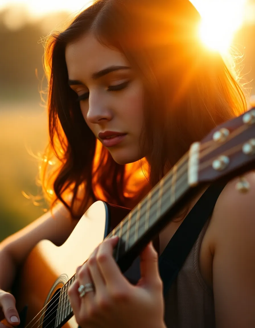 This intimate close-up captures a female guitarist lost in her performance during golden hour. The warm backlighting creates a magical halo effect around her. Selective focus highlights her expressive face, while the background gently blurs into a beautiful bokeh. The warm Kodak Portra color palette adds richness to the natural scene, emphasizing the texture of her guitar and hands.