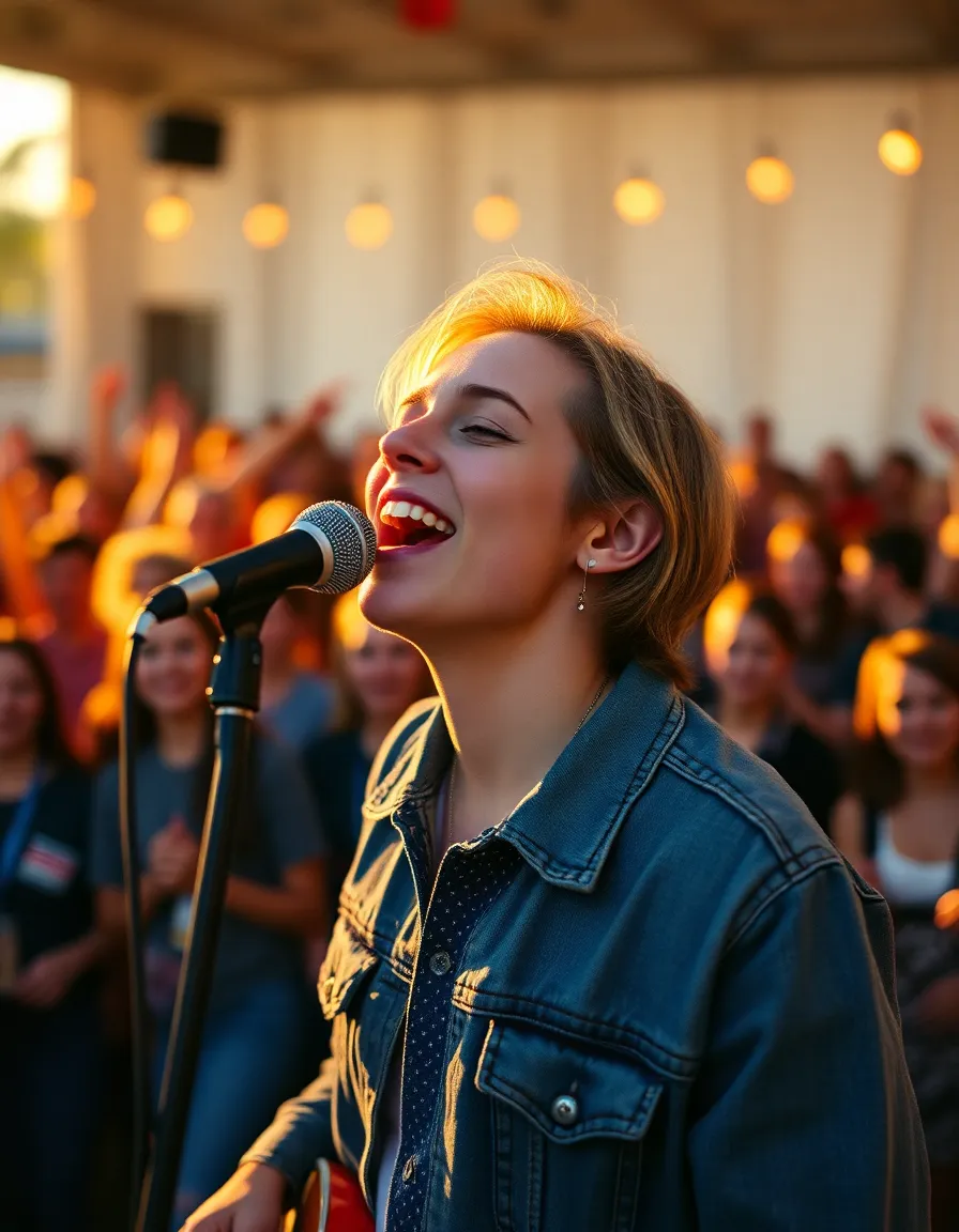 In this intimate concert scene, a passionate vocalist is captured bathed in the warm glow of golden hour light. The sharp focus on the artist reveals the emotion in their expression, while the surrounding band members fade into a soft bokeh, enhancing the atmosphere of connection. The rich color palette brings out natural skin tones complemented by the denim fabric texture of the singer's jacket. The composition is perfectly symmetrical, drawing the viewer's attention to the heart of the performance.