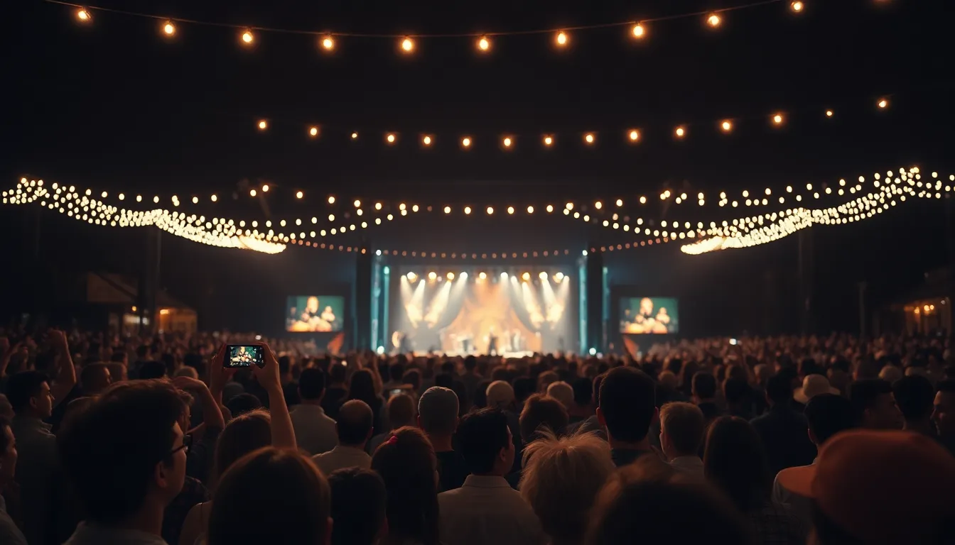 This photograph illustrates an engaged crowd at an outdoor concert, beautifully lit by soft fairy lights. The hyperfocal distance captures the excitement of individual fans in the foreground, while the stage glows in the background. The muted earth tones create a warm, inviting mood while the details of diverse faces and textures of clothing are sharply rendered, inviting the viewer into the scene.