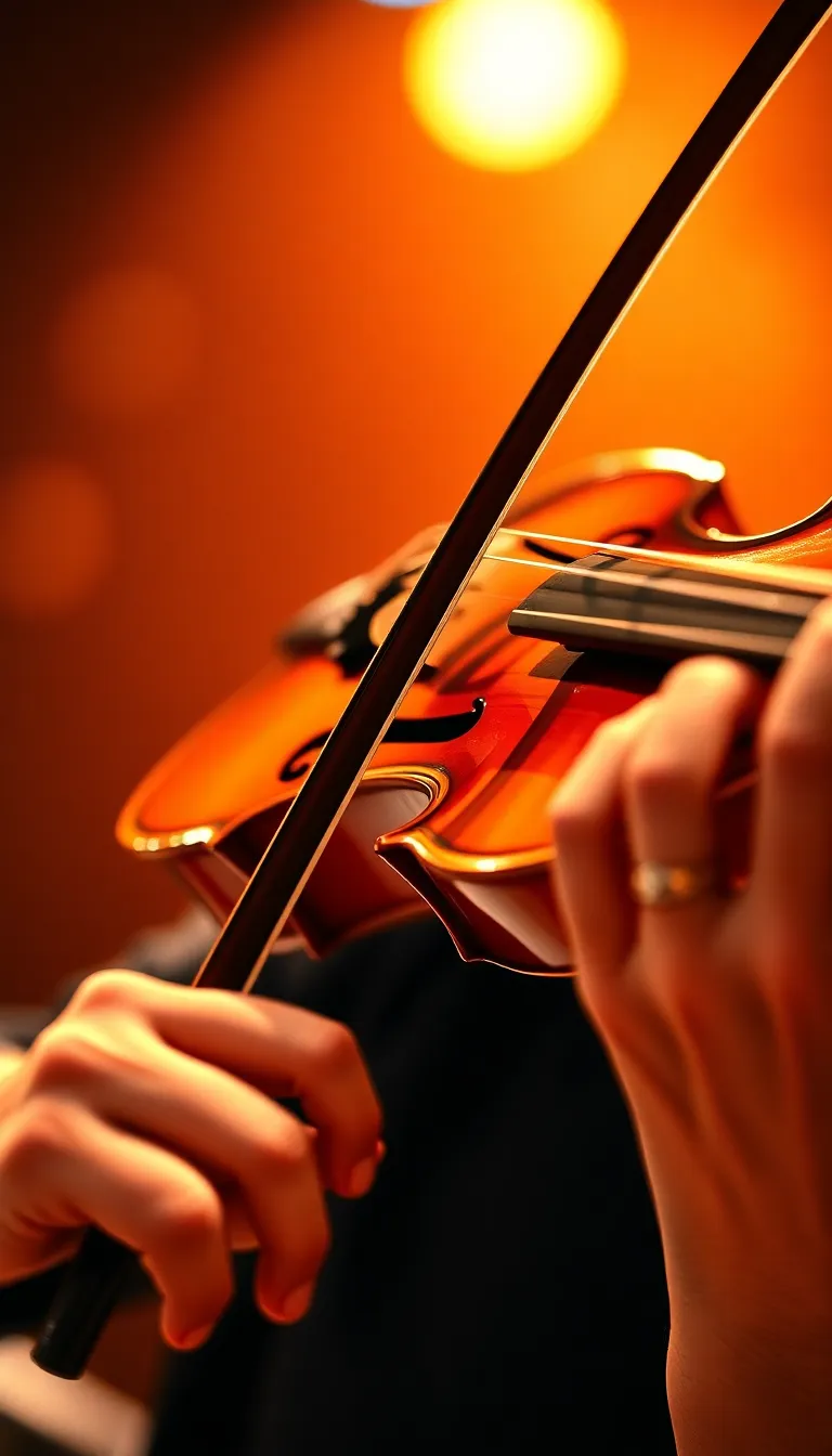 This intimate close-up showcases a dedicated violinist performing on stage, beautifully illuminated by warm lighting. The details in the polished wood of the instrument contrast with the soft bokeh of the background. The focus on the musician's hands adds a personal touch, encapsulating the passion and artistry of live performance. The warm color palette enhances the scene's emotional depth, making it a captivating portrait of the musician's dedication.
