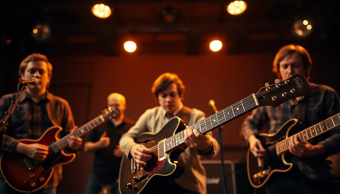 An intimate photograph of a guitarist immersed in their performance, illuminated by warm tungsten lights that enhance the cozy atmosphere of the concert. The focus on the guitarist creates a soft, inviting depth, while the background melts into creamy bokeh, highlighting the excited audience with raised hands. The warm color palette enhances the overall mood, making viewers feel the connection between the musician and the crowd in this heartfelt moment.